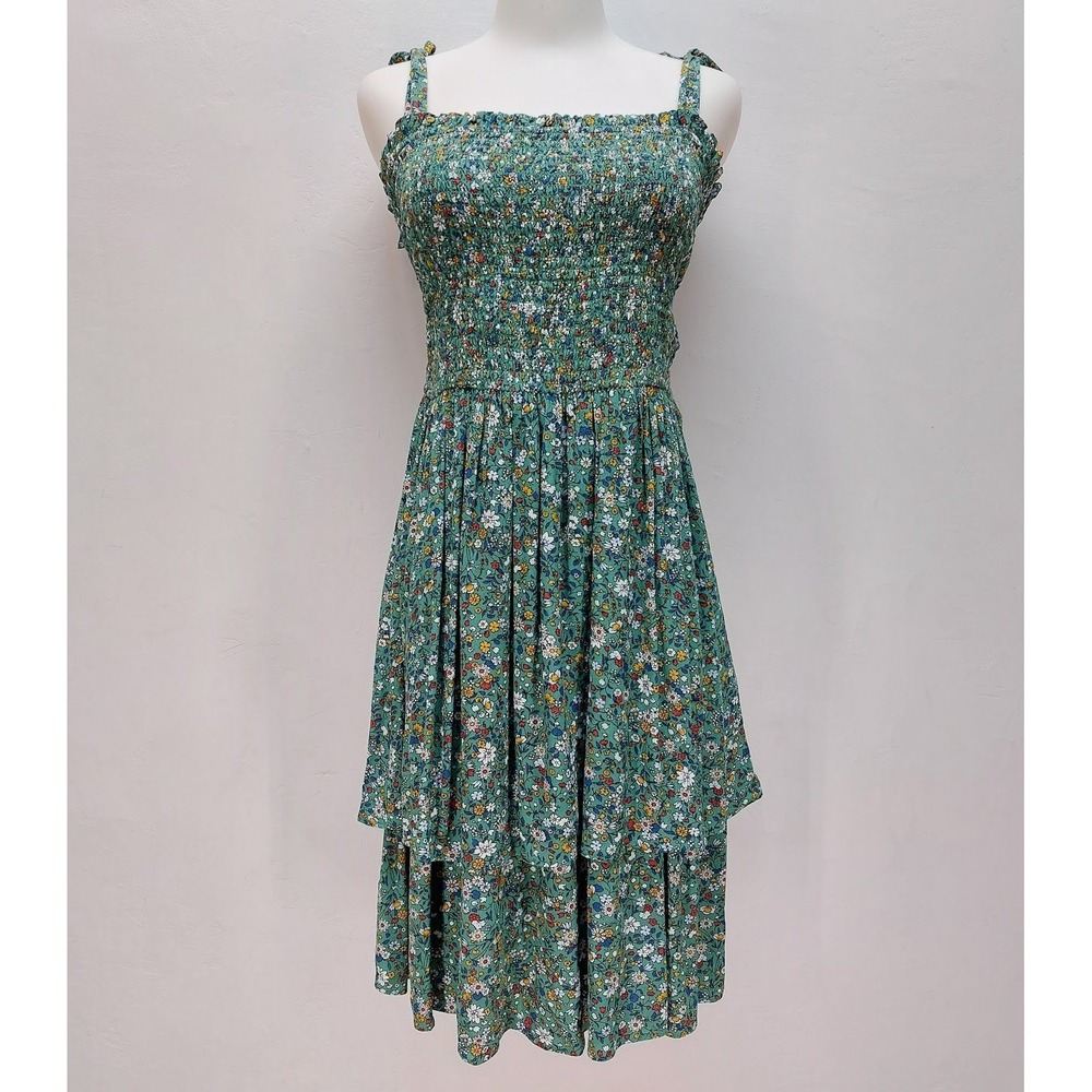Ann Taylor Smocked Floral Midi Dress Women's Small Green Boho Tiered Sun Dress